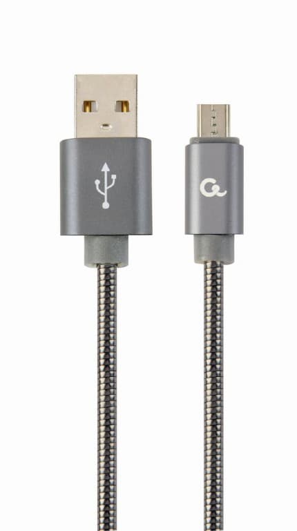 CABLU alimentare si date GEMBIRD, pt. smartphone, USB 2.0 (T) la Micro-USB 2.0 (T), 1m, premium, cablu metalic, gri-metalic, cu insertii albe, "CC-USB2S-AMmBM-1M-BG"