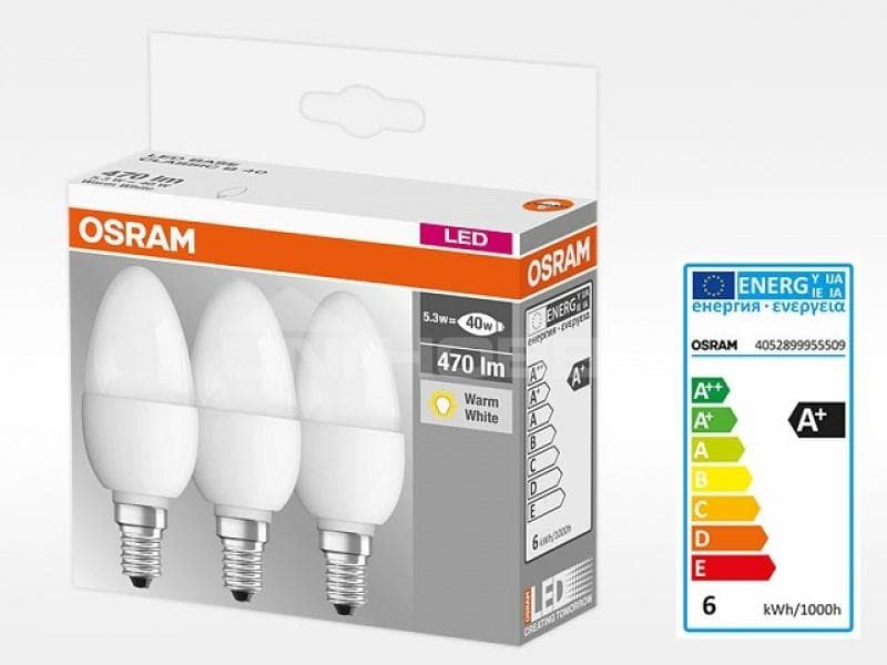 SET 3 becuri LED Osram, soclu E14, putere 5.5W, forma clasic, lumina alb calda, alimentare 220 - 240 V, "000004052899955509"