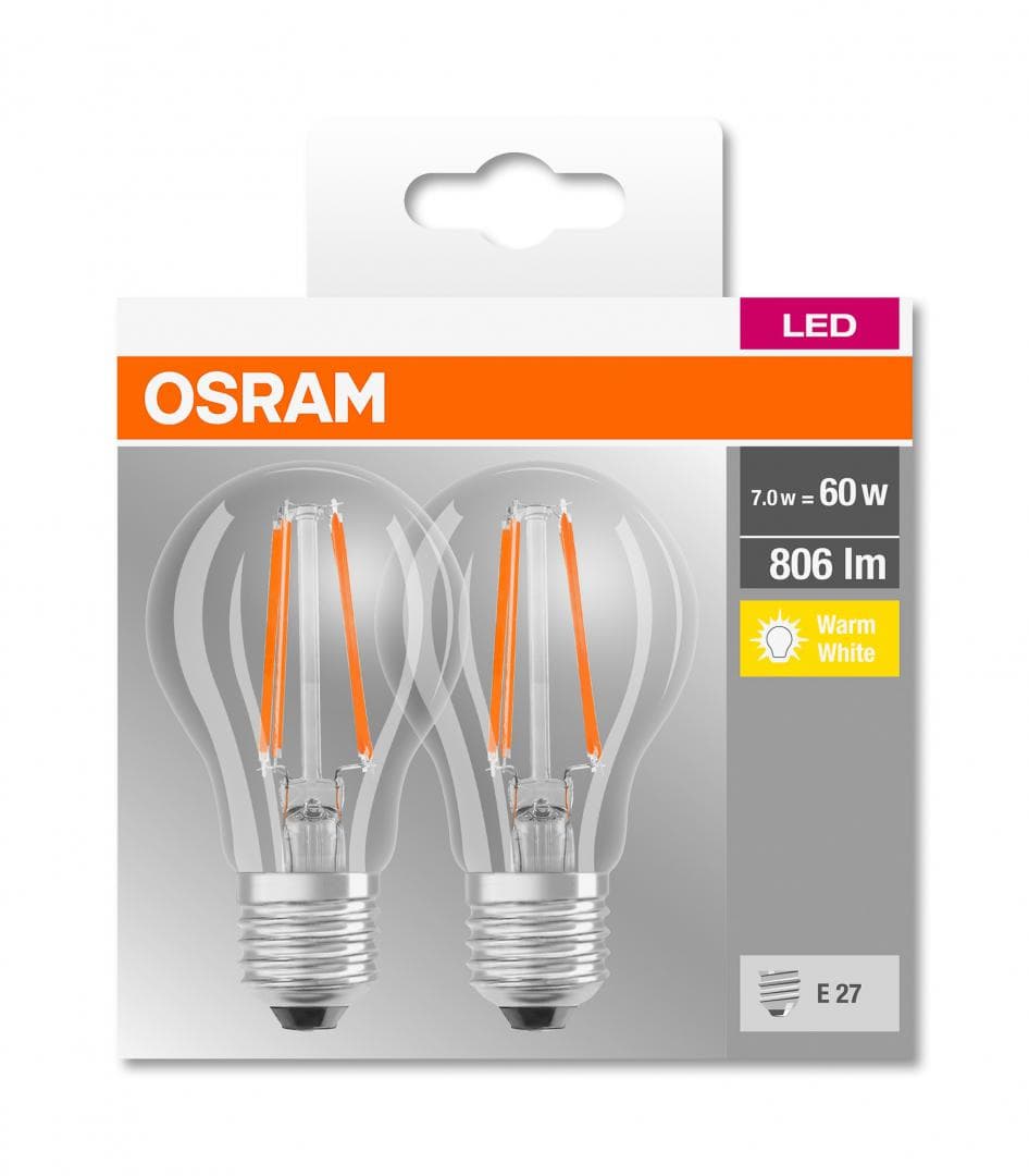 SET 2 becuri LED Osram, soclu E27, putere 7W, forma clasic, lumina alb calda, alimentare 220 - 240 V, "000004052899972018"