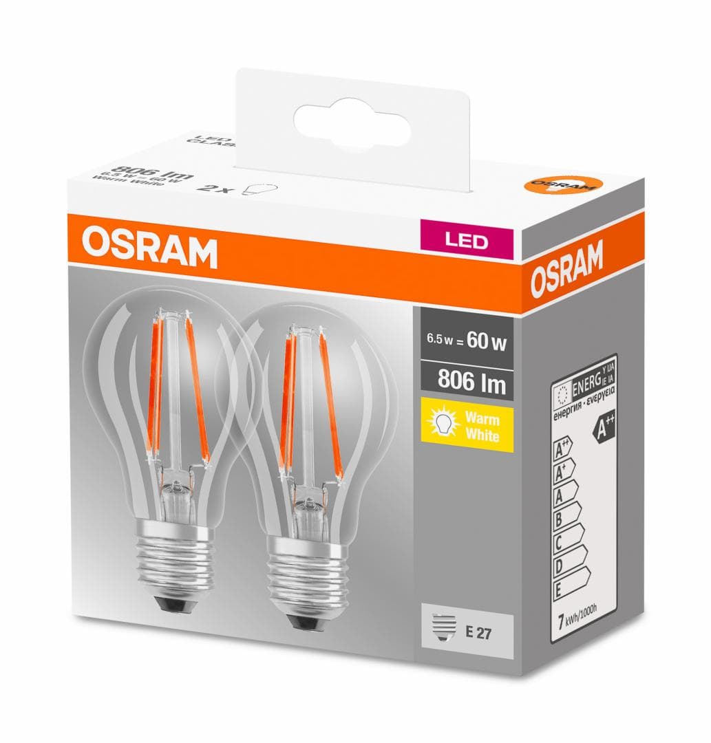 SET 2 becuri LED Osram, soclu E27, putere 7W, forma clasic, lumina alb calda, alimentare 220 - 240 V, "000004052899972018" — miniatură