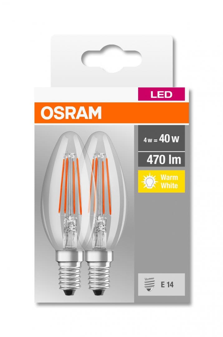 SET 2 becuri LED Osram, soclu E14, putere 4W, forma lumanare, lumina alb calda, alimentare 220 - 240 V, "000004052899972032"