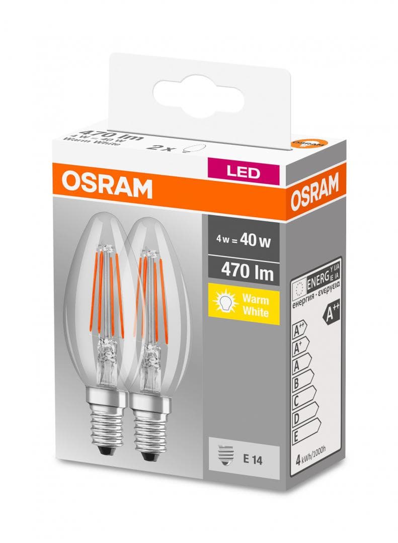 SET 2 becuri LED Osram, soclu E14, putere 4W, forma lumanare, lumina alb calda, alimentare 220 - 240 V, "000004052899972032" — miniatură