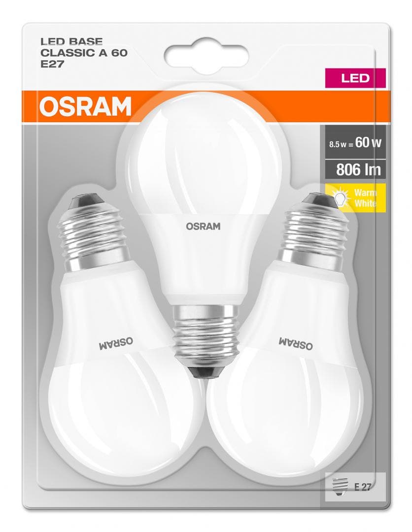 SET 3 becuri LED Osram, soclu E27, putere 8.5W, forma clasic, lumina alb calda, alimentare 220 - 240 V, "000004052899972476"