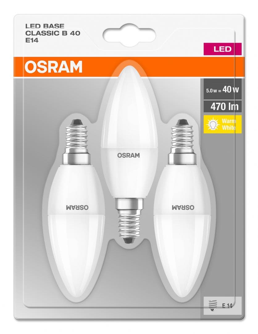 SET 3 becuri LED Osram, soclu E14, putere 5W, forma lumanare, lumina alb calda, alimentare 220 - 240 V, "000004052899972490"