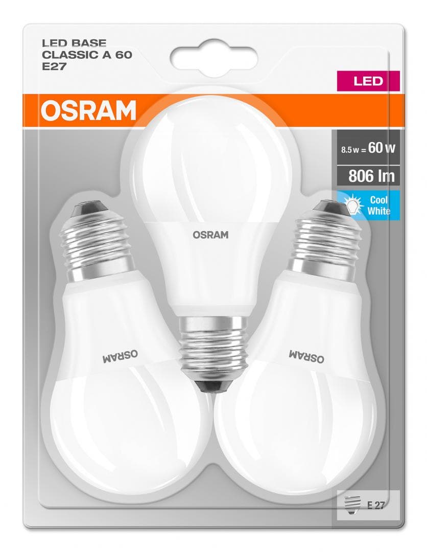 SET 3 becuri LED Osram, soclu E27, putere 8.5W, forma clasic, lumina alb, alimentare 220 - 240 V, "000004052899972636"