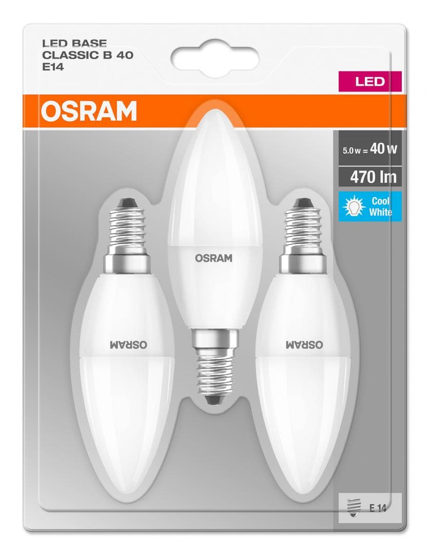 SET 3 becuri LED Osram, soclu E14, putere 5W, forma lumanare, lumina alb, alimentare 220 - 240 V, "000004052899972674"