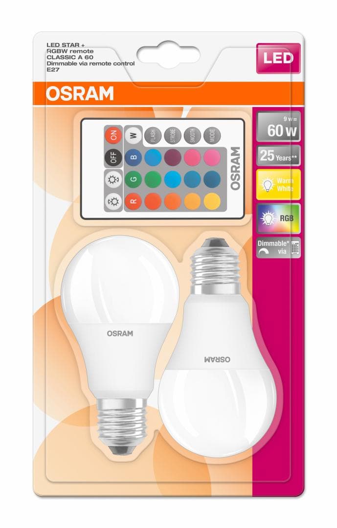 SET 2 becuri LED Osram, soclu E27, putere 9W, forma clasic, lumina multicolora, alimentare 220 - 240 V, "000004058075091733"