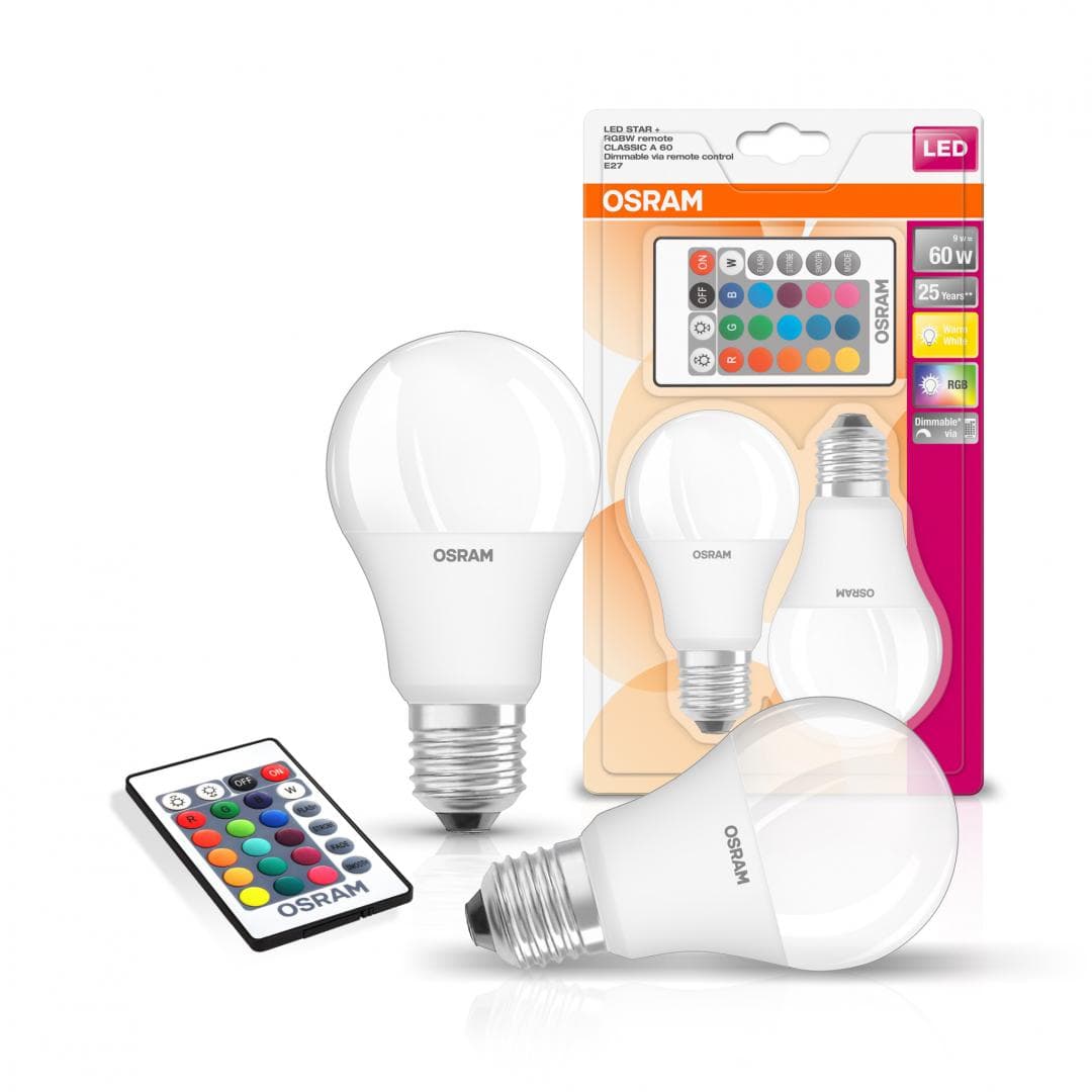 SET 2 becuri LED Osram, soclu E27, putere 9W, forma clasic, lumina multicolora, alimentare 220 - 240 V, "000004058075091733" — miniatură