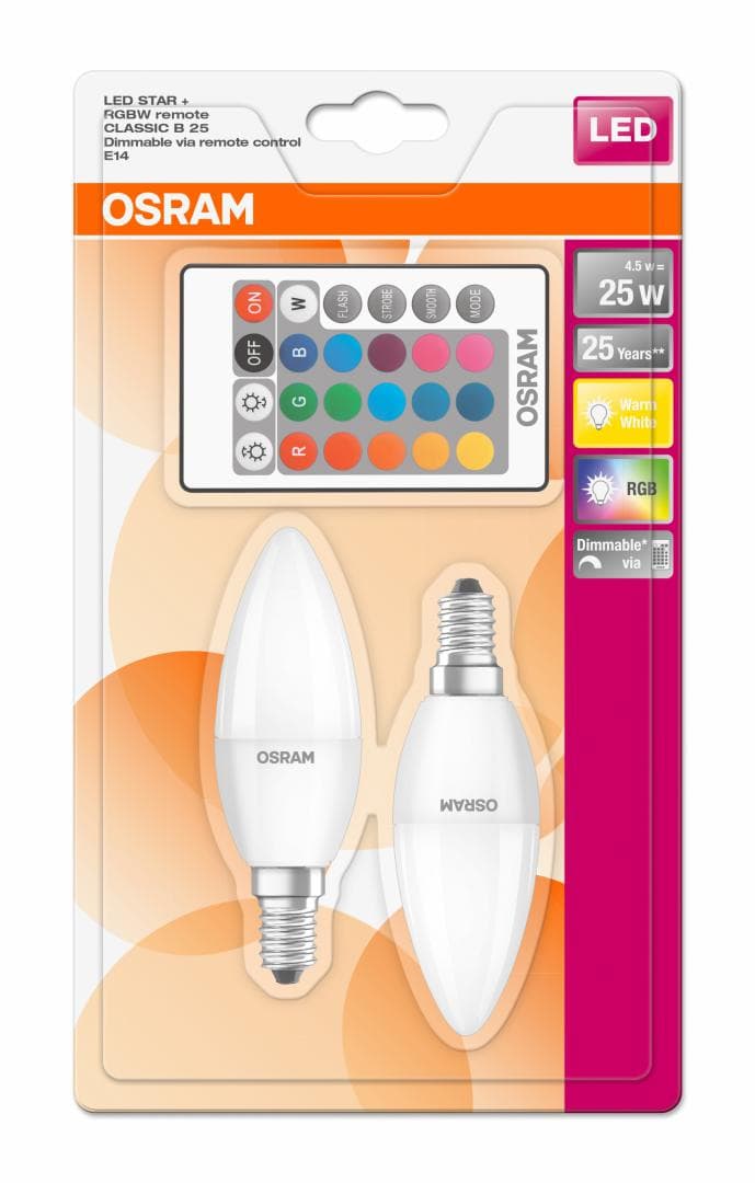 SET 2 becuri LED Osram, soclu E14, putere 4.5W, forma lumanare, lumina multicolora, alimentare 220 - 240 V, "000004058075091757"