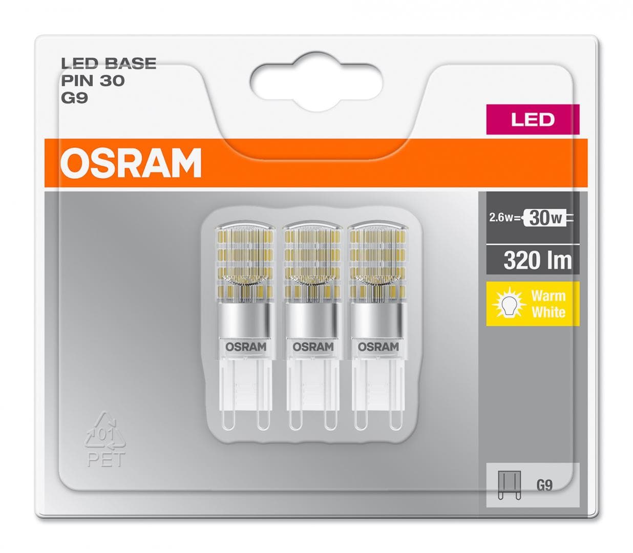 SET 3 becuri LED Osram, soclu G9, putere 2.6W, forma plat, lumina alb calda, alimentare 220 - 240 V, "000004058075093812"