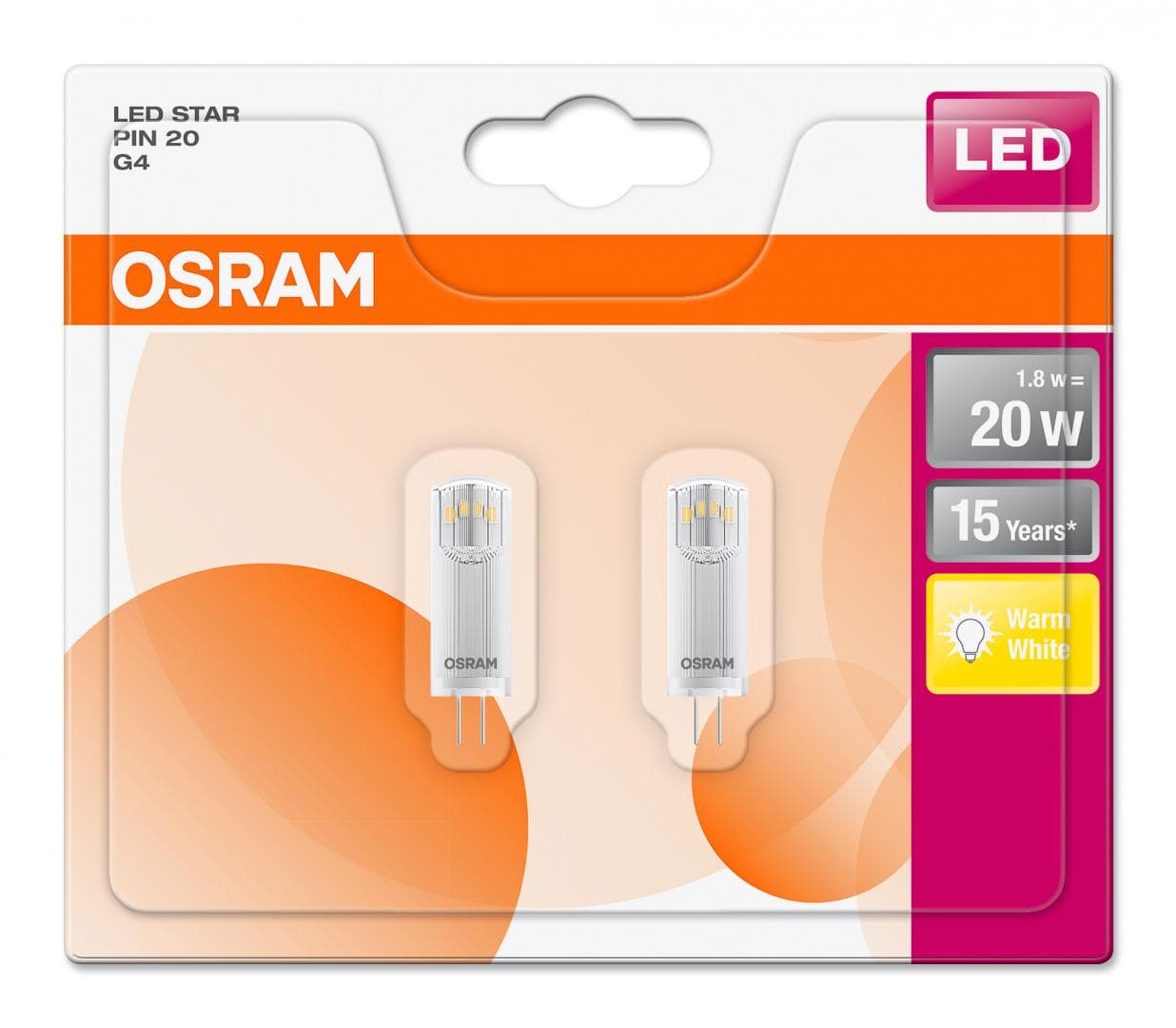 SET 2 becuri LED Osram, soclu G4, putere 1.8W, forma cilindric, lumina alb calda, alimentare 220 - 240 V, "000004058075093911"