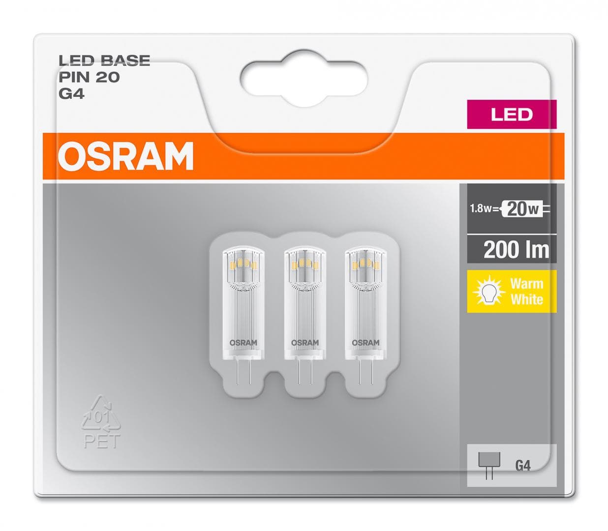 SET 3 becuri LED Osram, soclu G4, putere 1.8W, forma plat, lumina alb calda, alimentare 220 - 240 V, "000004058075093935"