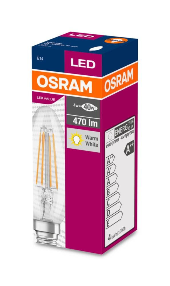 BEC LED Osram, soclu E14, putere 4W, forma lumanare, lumina alb calda, alimentare 220 - 240 V, "000004058075288706"