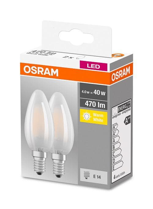 SET 2 becuri LED Osram, soclu E14, putere 4W, forma lumanare, lumina alb calda, alimentare 220 - 240 V, "000004058075803930"