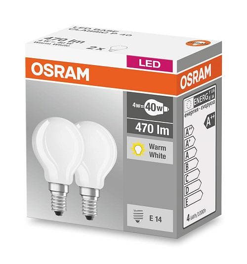 SET 2 becuri LED Osram, soclu E14, putere 4W, forma clasic, lumina alb calda, alimentare 220 - 240 V, "000004058075803978"