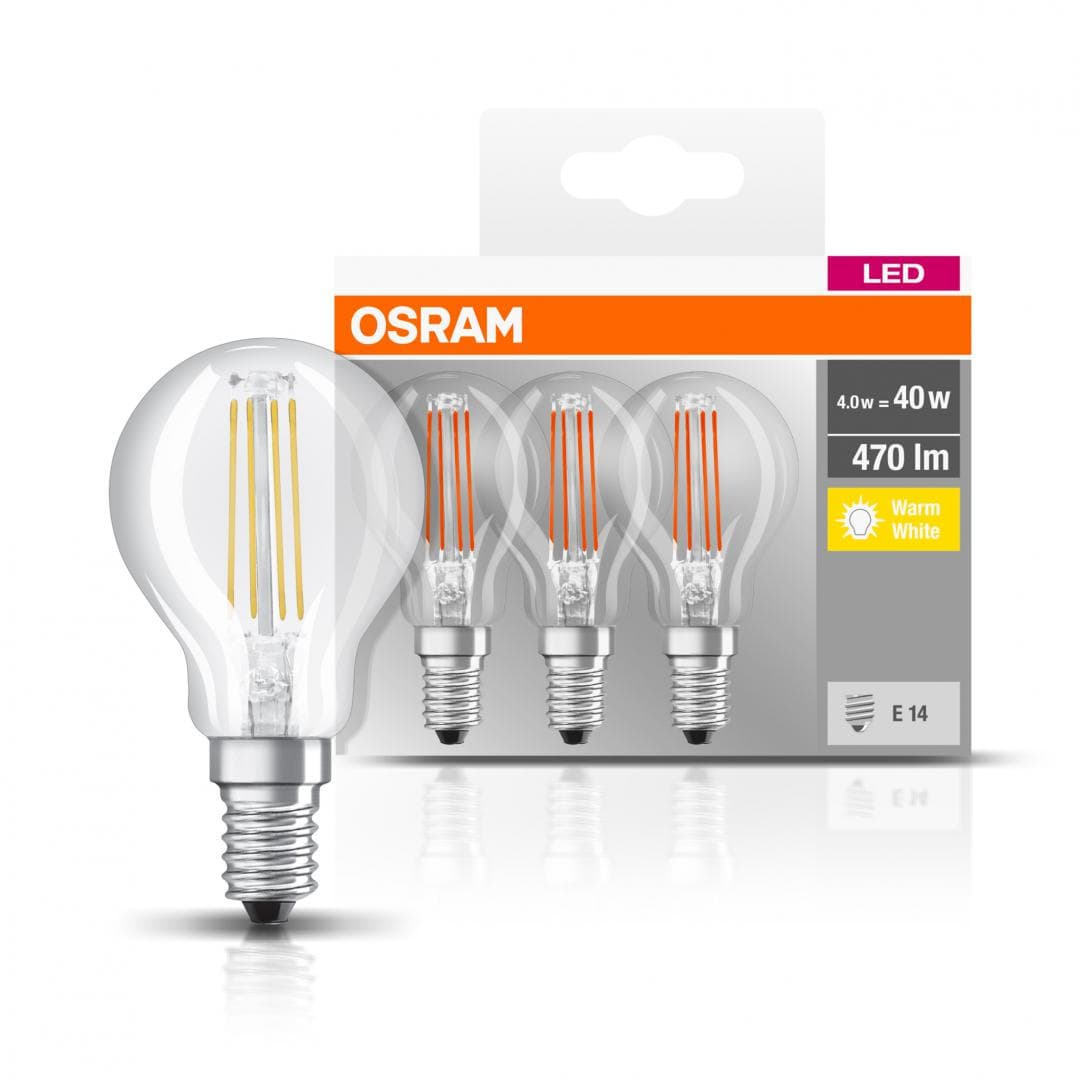 SET 3 becuri LED Osram, soclu E14, putere 4W, forma clasic, lumina alb calda, alimentare 220 - 240 V, "000004058075819337"