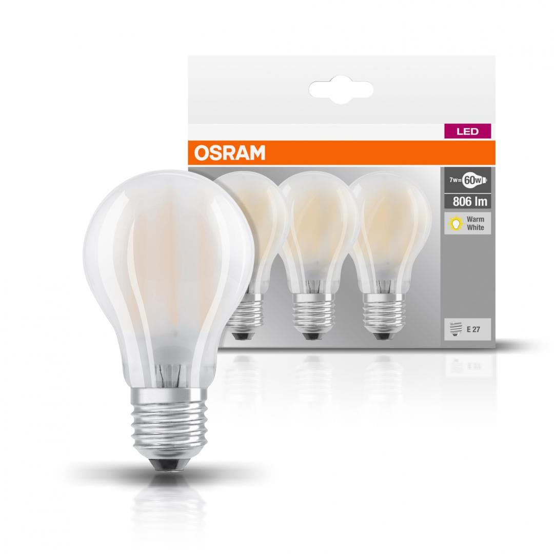SET 3 becuri LED Osram, soclu E27, putere 7W, forma clasic, lumina alb calda, alimentare 220 - 240 V, "000004058075819351" — miniatură
