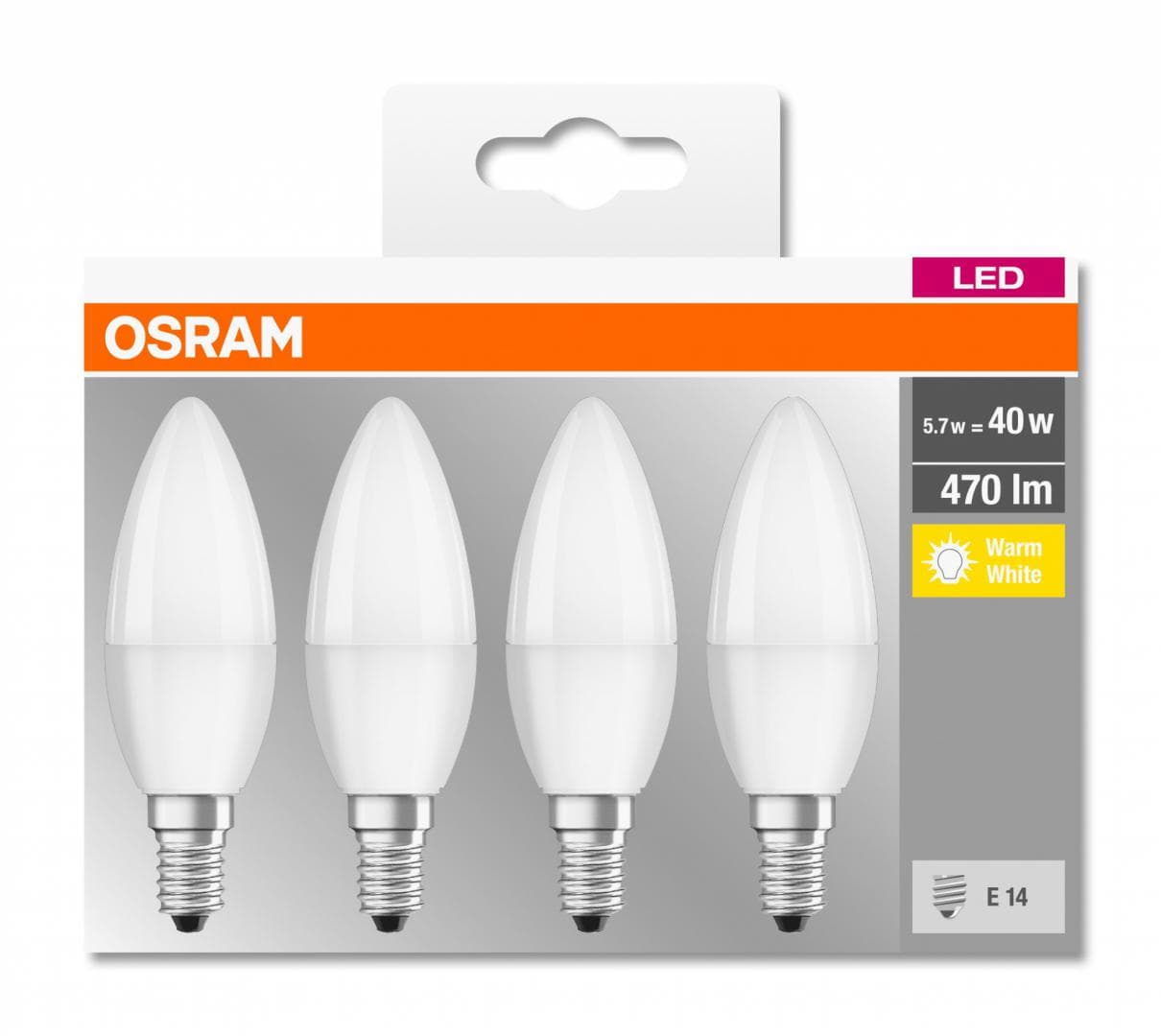 SET 4 becuri LED Osram, soclu E14, putere 5.7W, forma lumanare, lumina alb calda, alimentare 220 - 240 V, "000004058075819474"