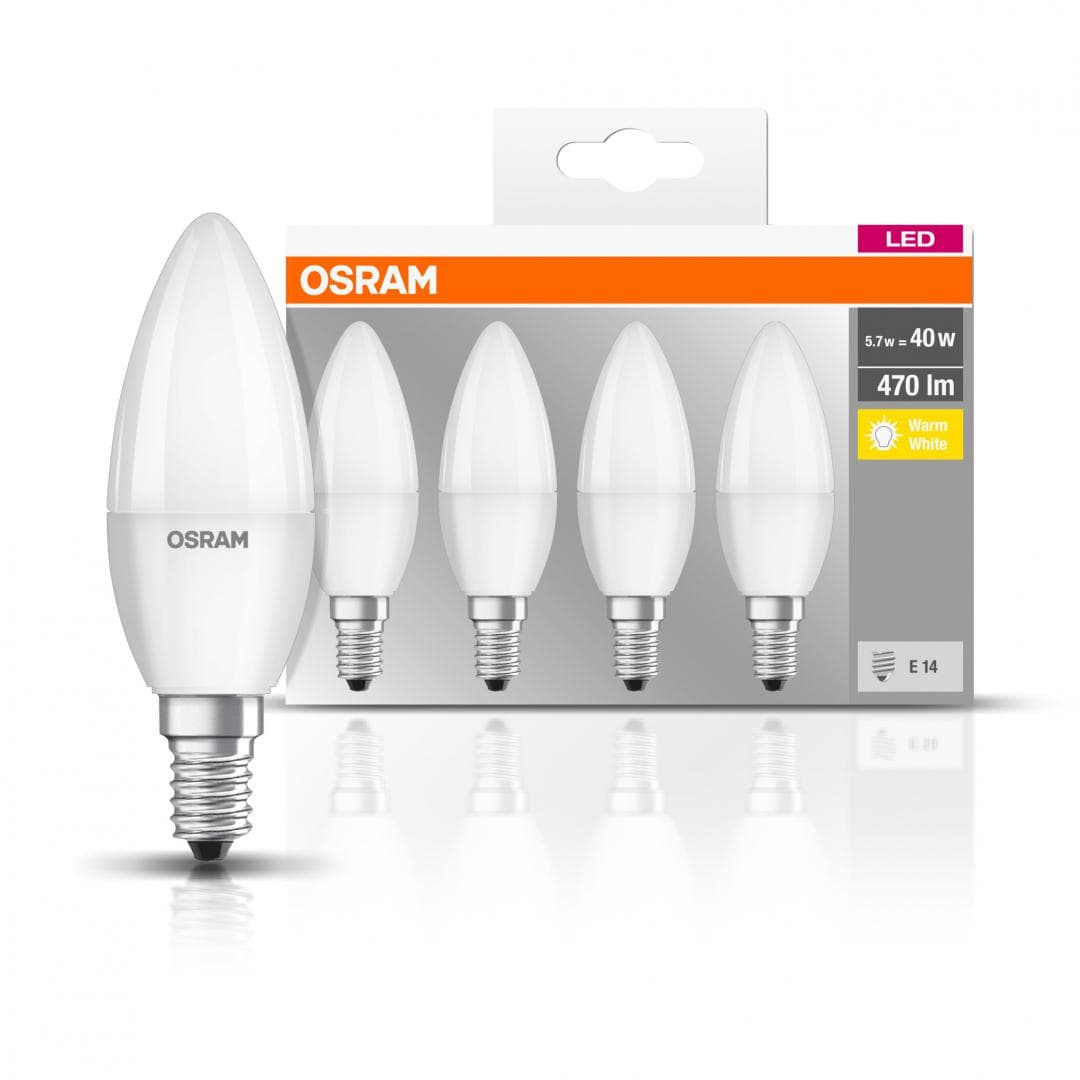 SET 4 becuri LED Osram, soclu E14, putere 5.7W, forma lumanare, lumina alb calda, alimentare 220 - 240 V, "000004058075819474" — miniatură