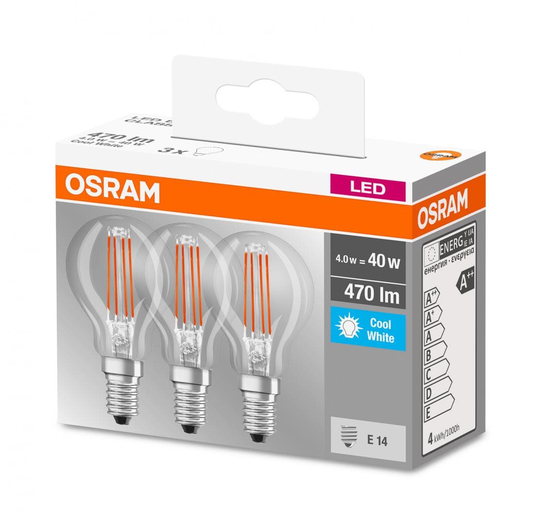 SET 3 becuri LED Osram, soclu E14, putere 4W, forma clasic, lumina alb, alimentare 220 - 240 V, "000004058075819733" — miniatură