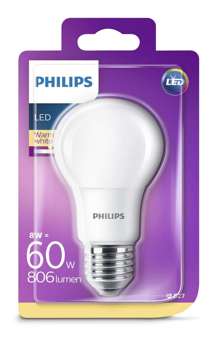 BEC LED Philips, soclu E27, putere 8W, forma clasic, lumina alb calda, alimentare 220 - 240 V, "000008718696577073"