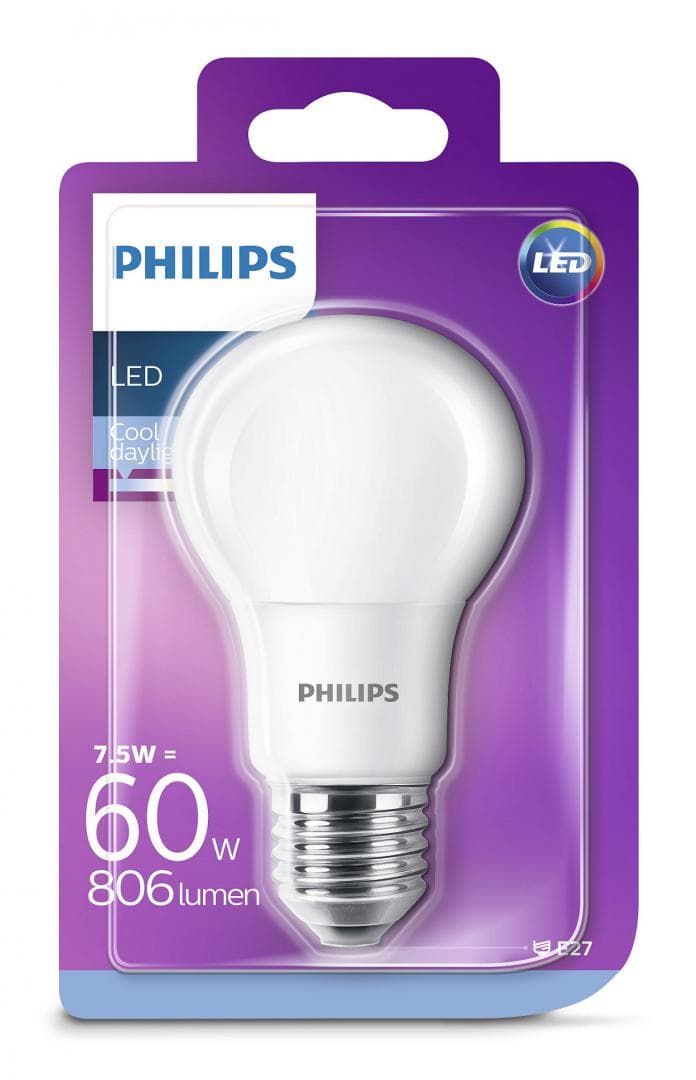 BEC LED Philips, soclu E27, putere 7.5W, forma clasic, lumina alb rece, alimentare 220 - 240 V, "000008718696577332" — miniatură