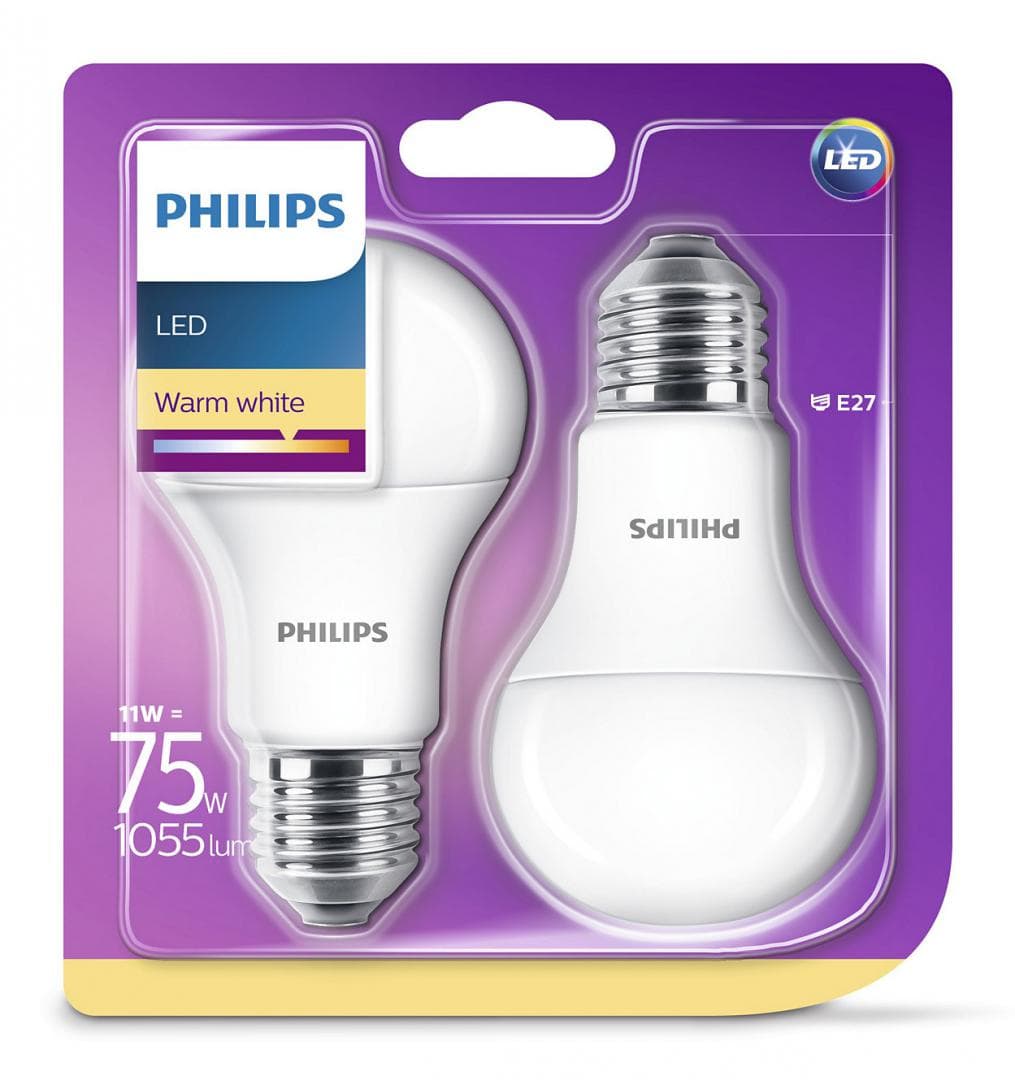 SET 2 becuri LED Philips, soclu E27, putere 11W, forma clasic, lumina alb calda, alimentare 220 - 240 V, "000008718696586112"