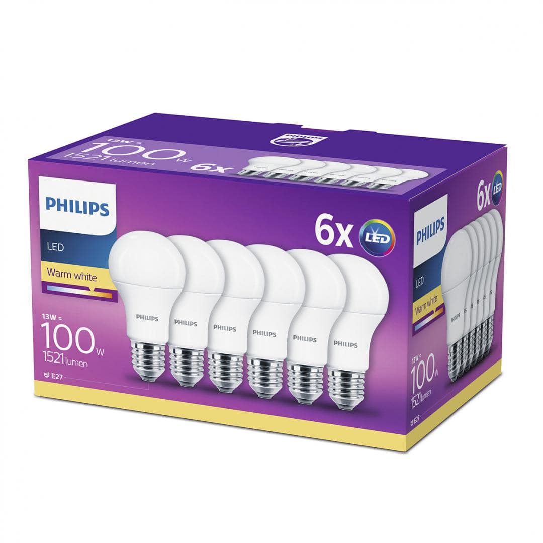 SET 6 becuri LED Philips, soclu E27, putere 13W, forma clasic, lumina alb calda, alimentare 220 - 240 V, "000008718696586273"