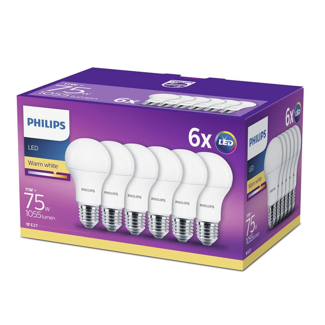 SET 6 becuri LED Philips, soclu E27, putere 11W, forma clasic, lumina alb calda, alimentare 220 - 240 V, "000008718696586297"