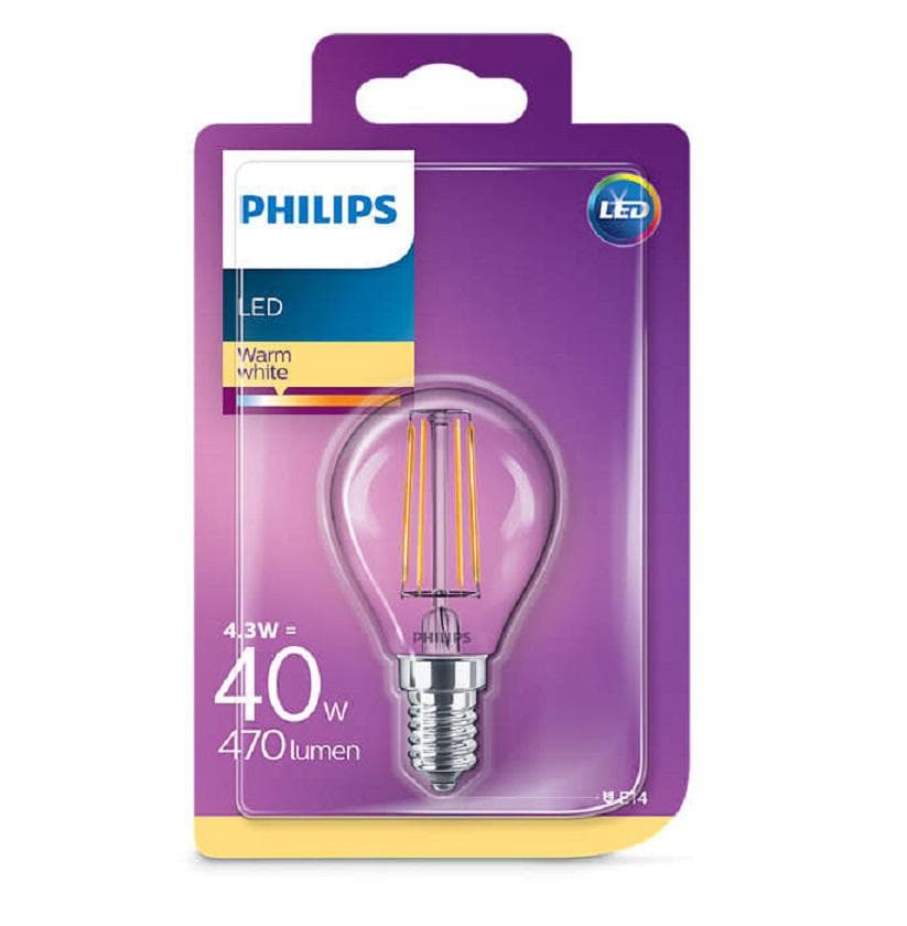 BEC LED Philips, soclu E14, putere 4.3W, forma clasic, lumina alb calda, alimentare 220 - 240 V, "000008718696587317"