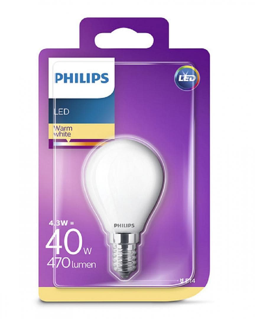 BEC LED Philips, soclu E14, putere 4.3W, forma clasic, lumina alb calda, alimentare 220 - 240 V, "000008718696706299" — miniatură