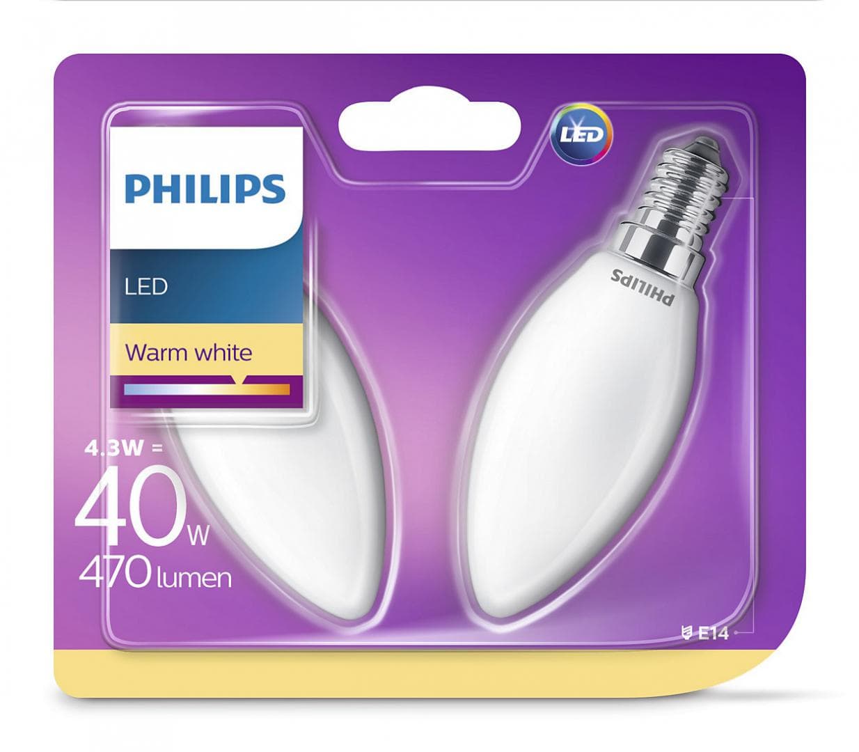SET 2 becuri LED Philips, soclu E14, putere 4.3W, forma lumanare, lumina alb calda, alimentare 220 - 240 V, "000008718696751367" — miniatură