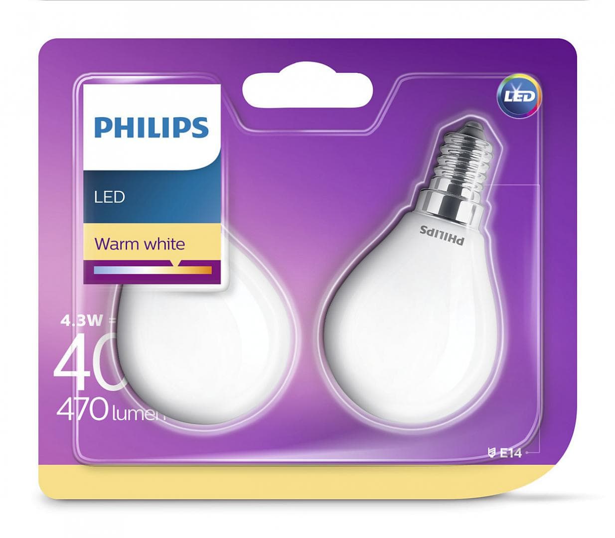 SET 2 becuri LED Philips, soclu E14, putere 4.3W, forma clasic, lumina alb calda, alimentare 220 - 240 V, "000008718696751411" — miniatură