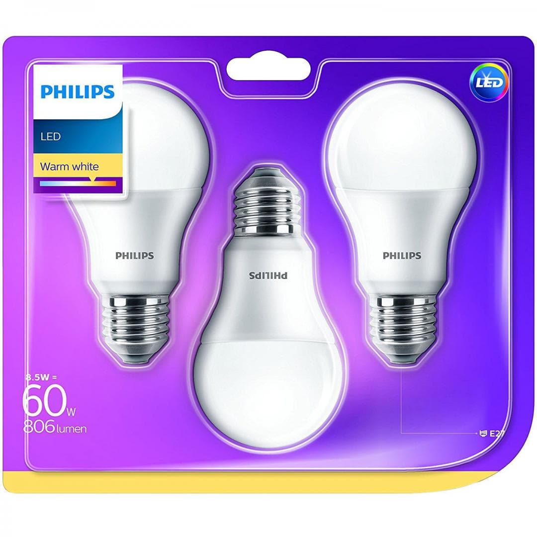 SET 3 becuri LED Philips, soclu E27, putere 9W, forma clasic, lumina alb calda, alimentare 220 - 240 V, "000008718696761267"