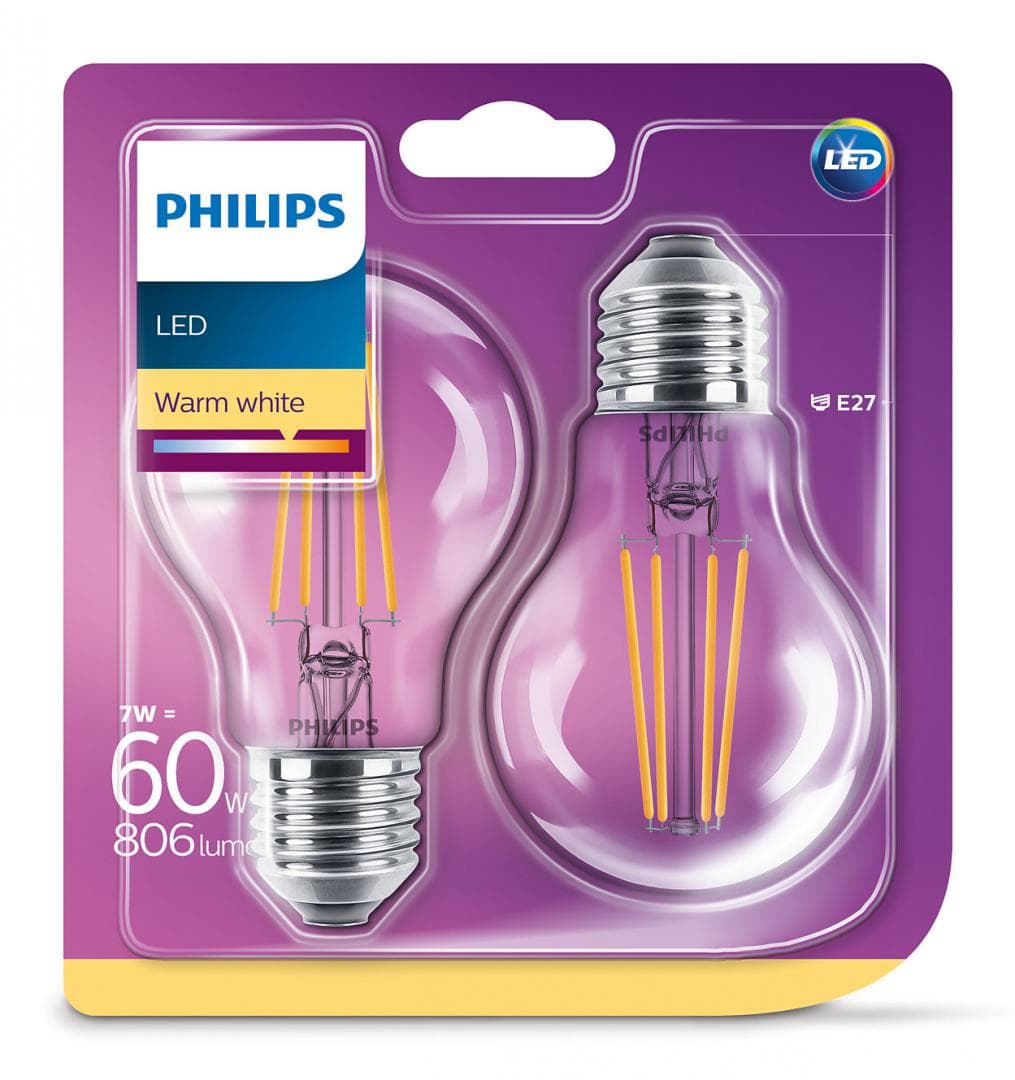 SET 2 becuri LED Philips, soclu E27, putere 7W, forma clasic, lumina alb calda, alimentare 220 - 240 V, "000008718696768587"