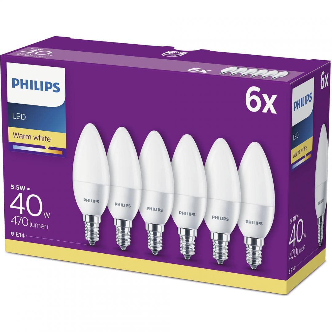 SET 6 becuri LED Philips, soclu E27, putere 5.5W, forma lumanare, lumina alb calda, alimentare 220 - 240 V, "000008718696829912"