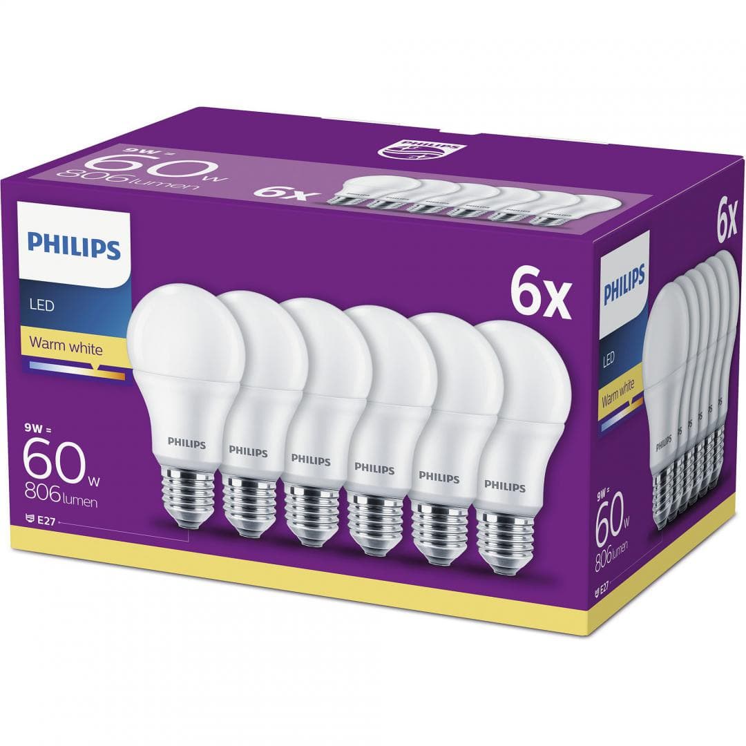 SET 6 becuri LED Philips, soclu E27, putere 9W, forma clasic, lumina alb calda, alimentare 220 - 240 V, "000008718696829998"
