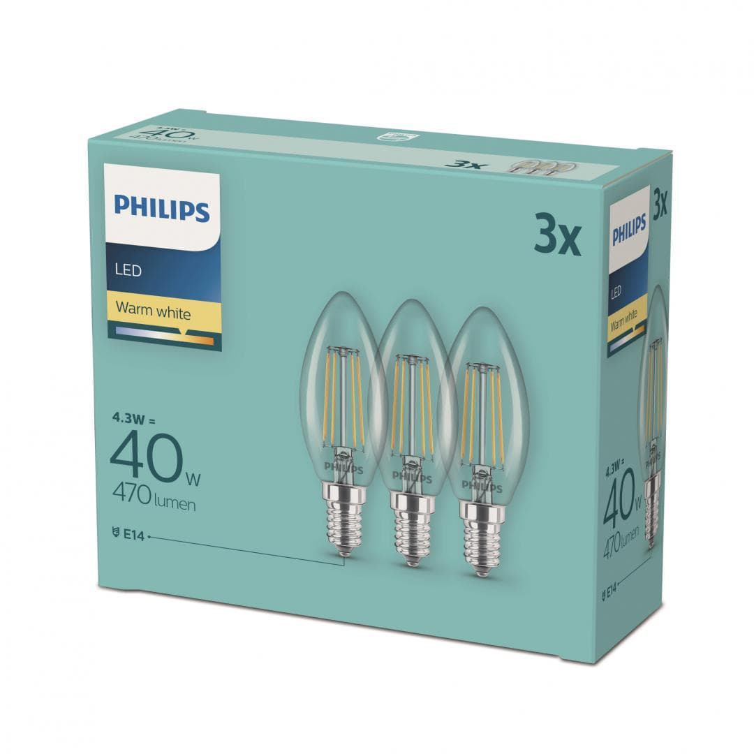 SET 3 becuri LED Philips, soclu E14, putere 4.3W, forma lumanare, lumina alb calda, alimentare 220 - 240 V, "000008718699612337"