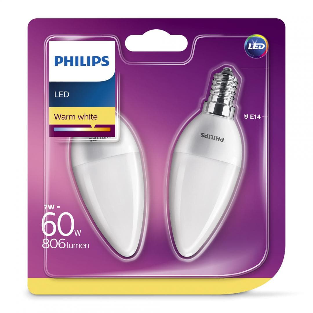 SET 2 becuri LED Philips, soclu E14, putere 7W, forma lumanare, lumina alb calda, alimentare 220 - 240 V, "000008718699614157"