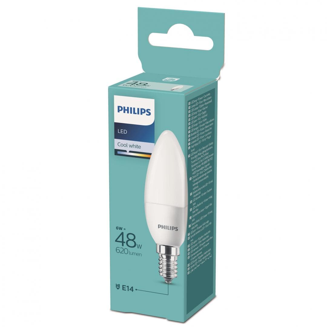 BEC LED Philips, soclu E14, putere 6W, forma lumanare, lumina alb rece, alimentare 220 - 240 V, "000008718699632458"