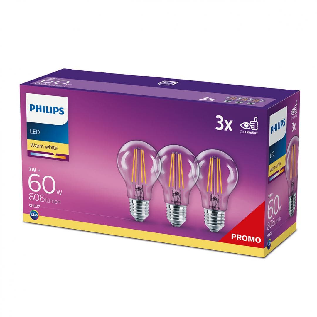 SET 3 becuri LED Philips, soclu E27, putere 7W, forma clasic, lumina alb calda, alimentare 220 - 240 V, "000008718699665081"
