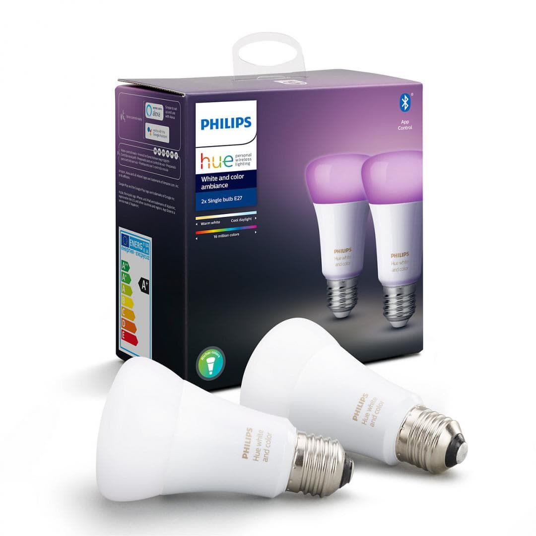 SET 2 becuri smart LED Philips, soclu E27, putere 9W, forma clasic, lumina multicolora, alimentare 220 - 240 V, "000008718699673284"