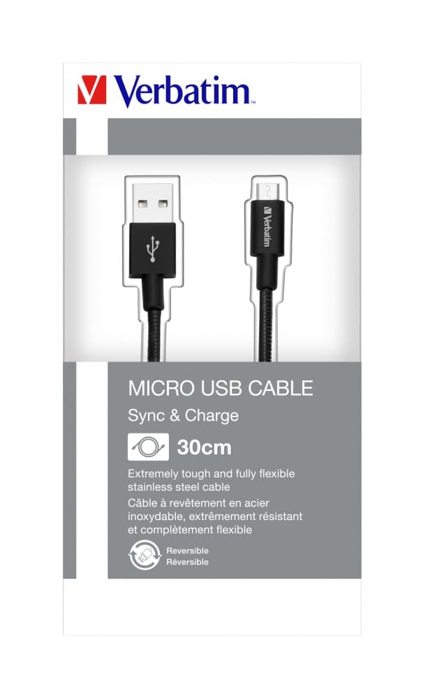 CABLU alimentare si date VERBATIM, pt. smartphone, USB 2.0 (T) la Micro-USB 2.0 (T), 30cm, premium, cablu metalic, negru, "48866" — miniatură