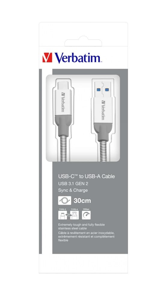 CABLU alimentare si date VERBATIM, pt. smartphone, USB 3.1 (T) la USB 3.1 Type-C (T), 30cm, premium, cablu metalic, argintiu, "48868" — miniatură
