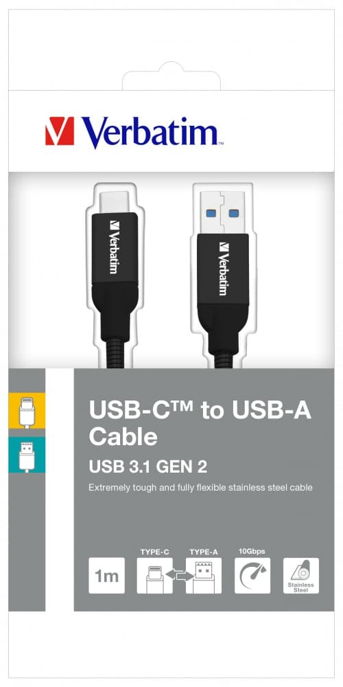 CABLU alimentare si date VERBATIM, pt. smartphone, USB 3.1 (T) la USB 3.1 Type-C (T), 1m, premium, cablu metalic, negru, "48871" — miniatură