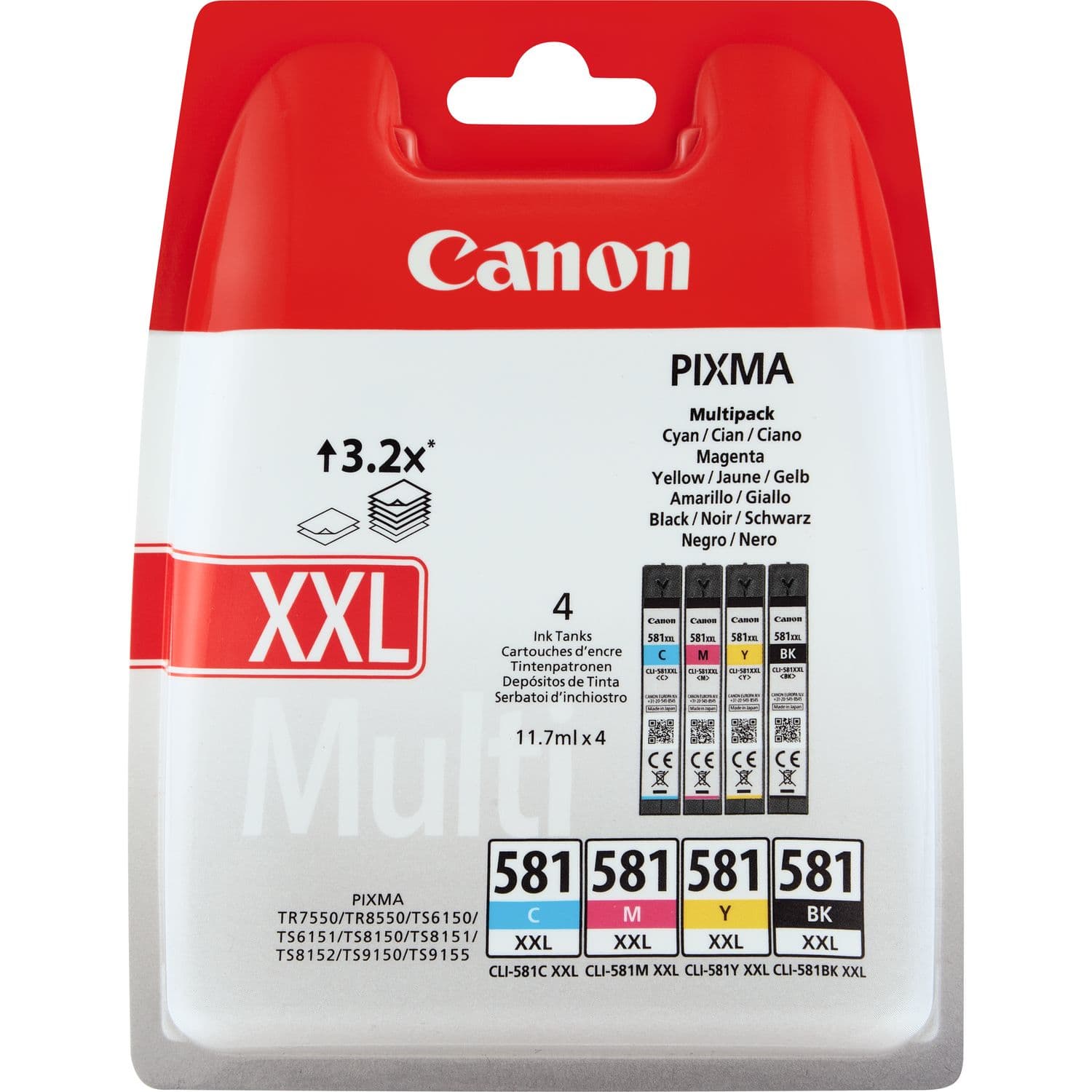 Combo-Pack Original Canon CMYK, CLI-581XXL CMYK, pentru Pixma TR7550|TR8550|TS6150|TS6250|TS705|TS8150|TS8250|TS9150|TS9155|TS9550, "1998C005AA"
