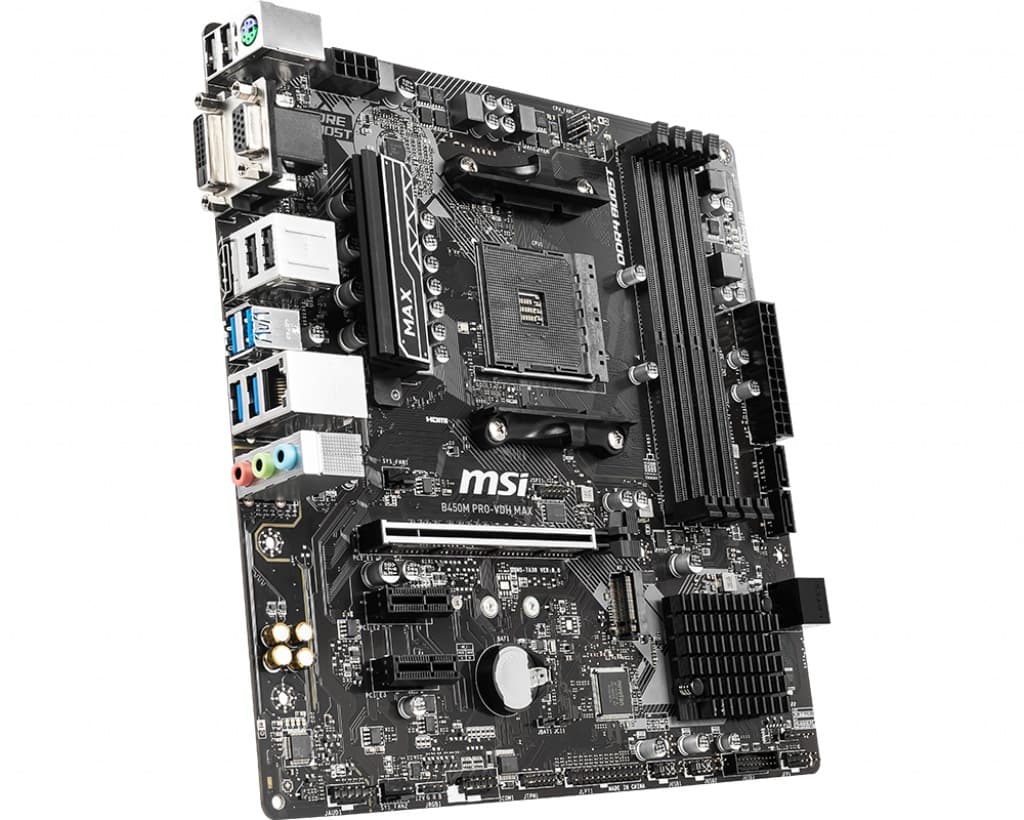 PLACA de BAZA MSI "B450M PRO-VDH MAX", skt AM4, mATX, AMD B450, 4 x DDR4, max. 64 GB, 4 x SATA, 1 x M.2, 7.1, "B450M PRO-VDH MAX" — miniatură