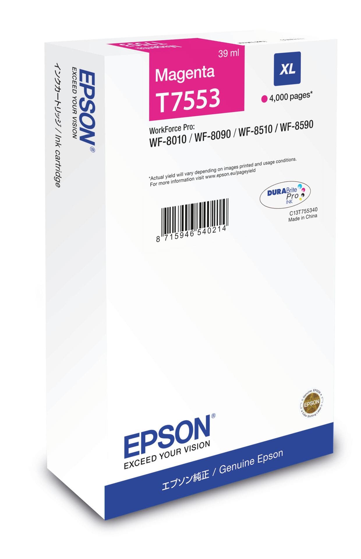 Cartus Cerneala Original Epson Magenta, T7553, pentru Workforce Pro WF-8010|8090|8510|8590, "C13T755340"
