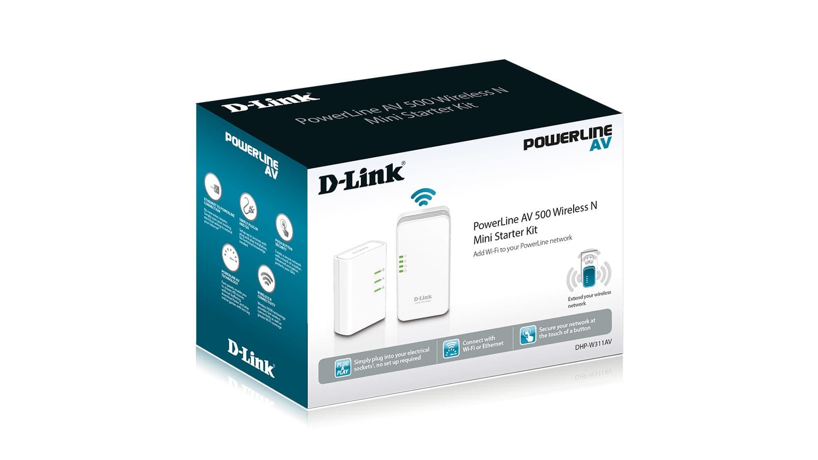 KIT ADAPTOR POWERLINE D-LINK AV500 wireless N mini, pana la 500Mbps, 1 port Gigabit, 2 buc. "DHP-W311AV" — miniatură