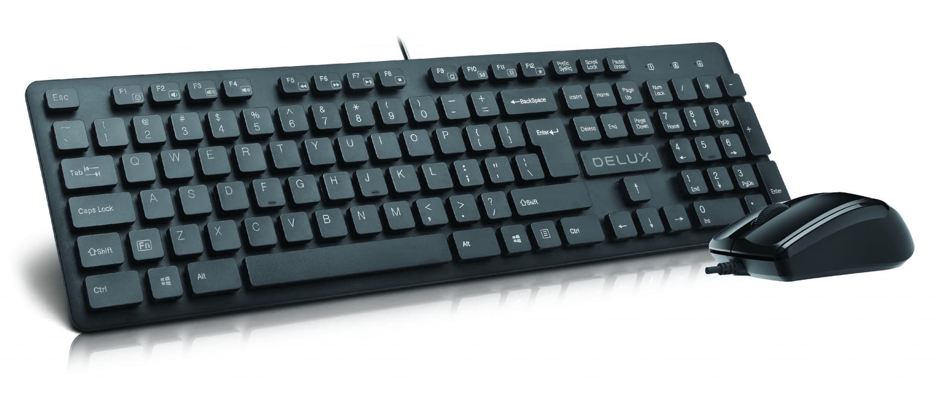 Kit TASTATURA si Mouse DELUX, "KA150U+M321BU", cu fir, 105 taste format standard, mouse 1000dpi, 3/1 butoane, negru, "KA150U+M321BU" — miniatură